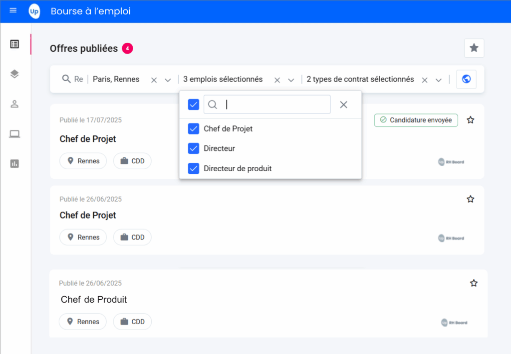 Interface de la Bourse à l’emploi sur quarksUp affichant la liste des offres publiées avec filtres de recherche par ville, emploi et type de contrat, ainsi qu’un suivi des candidatures envoyées.